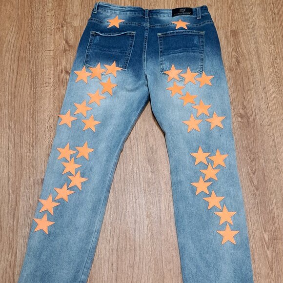 DD2 Faux Leather Orange Applique Star Distressed Denim Men's Size 30 - Picture 6 of 10